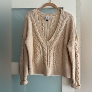 cabi Oatmeal Cable-Knit V-Neck Sweater #5636